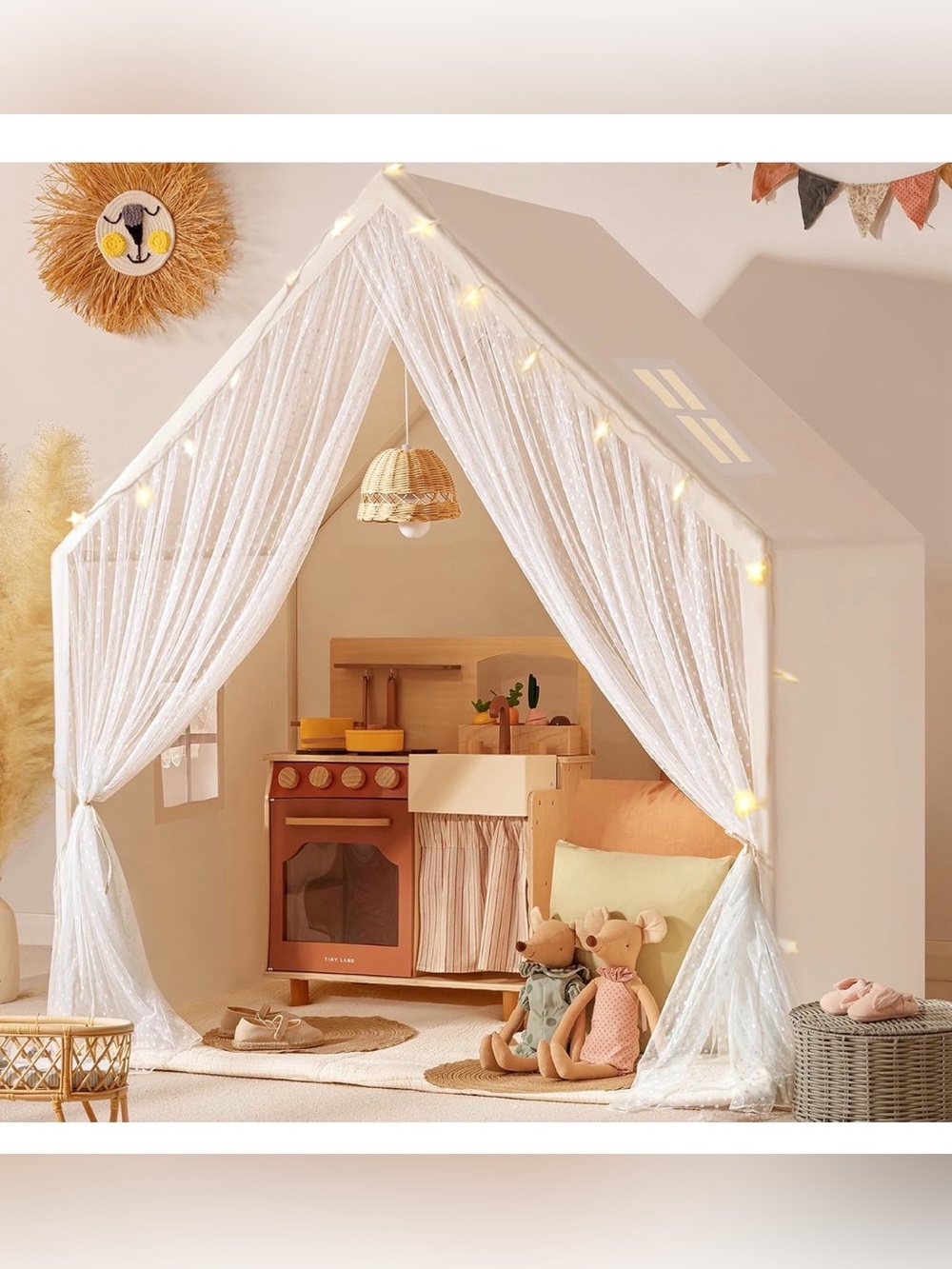 Tiny Land Kids Canvas Play Tent House with Fairy Lights